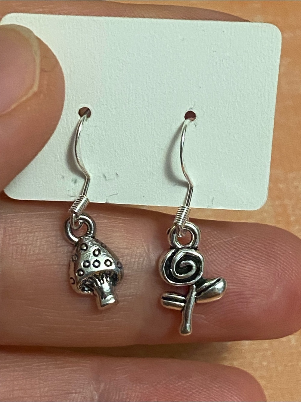 Silver Mushroom and Rose Drop Earrings - Unbranded